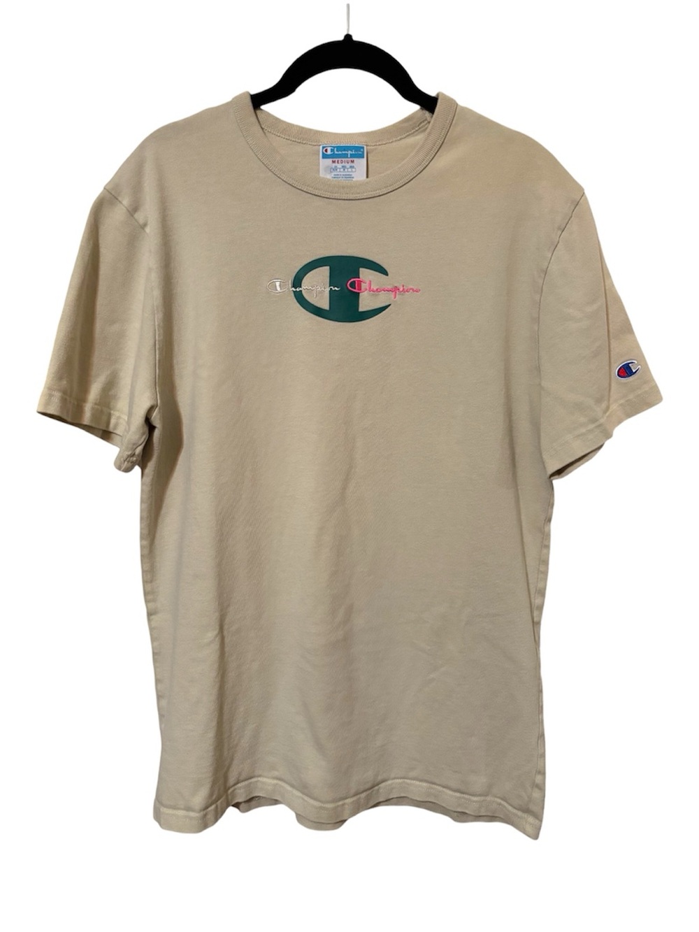 Champion Beige Short-Sleeve T-Shirt with Green Emblem